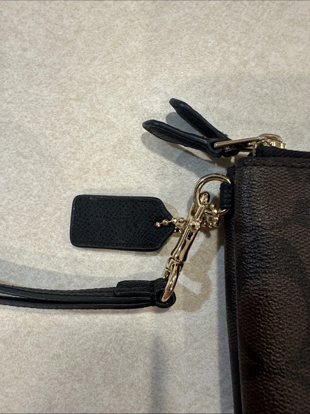 Coach Dark Brown Signature Double Zip Wristlet with Gold Hardware